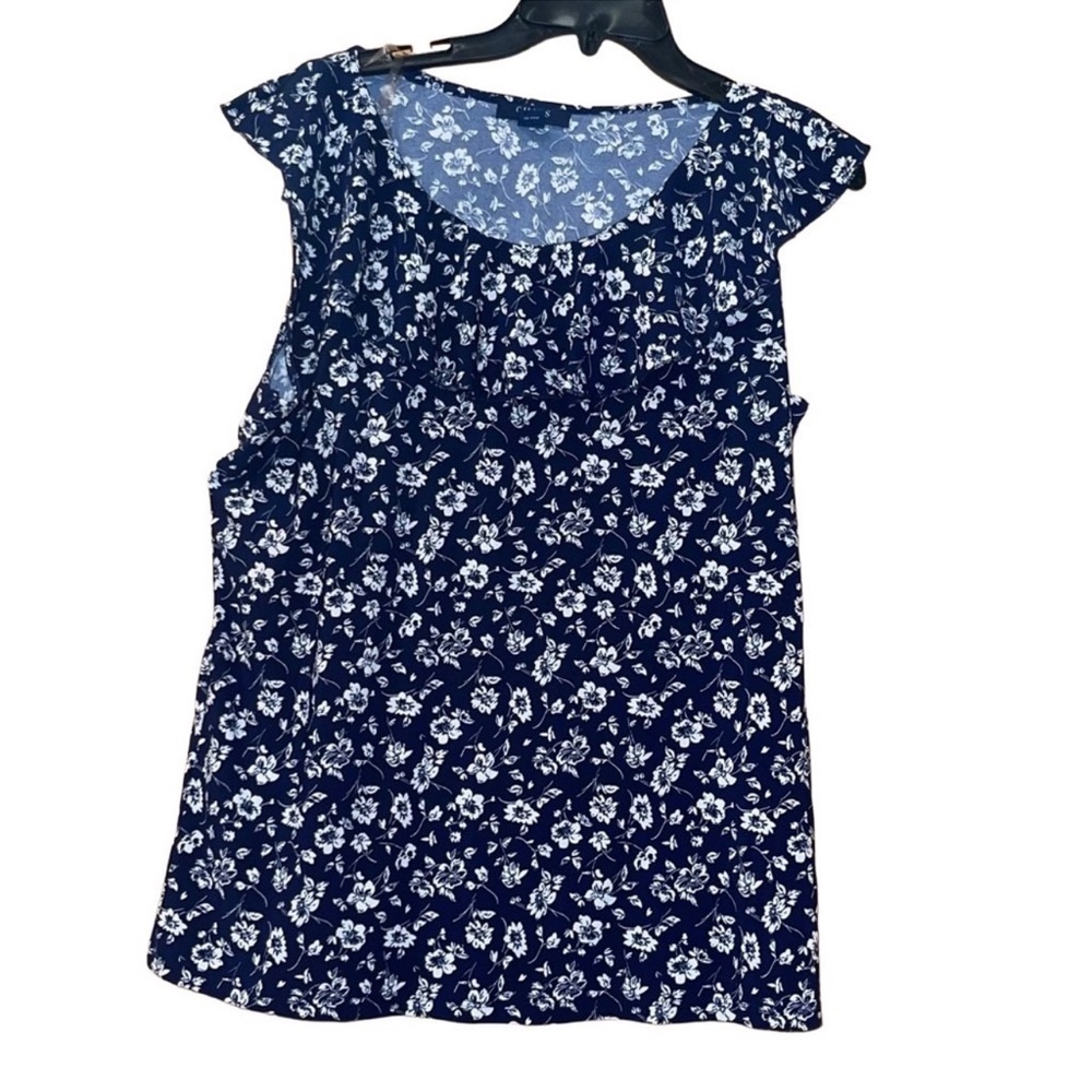 Chaps sleeveless navy and white floral print ruffled collar shirt size 1X